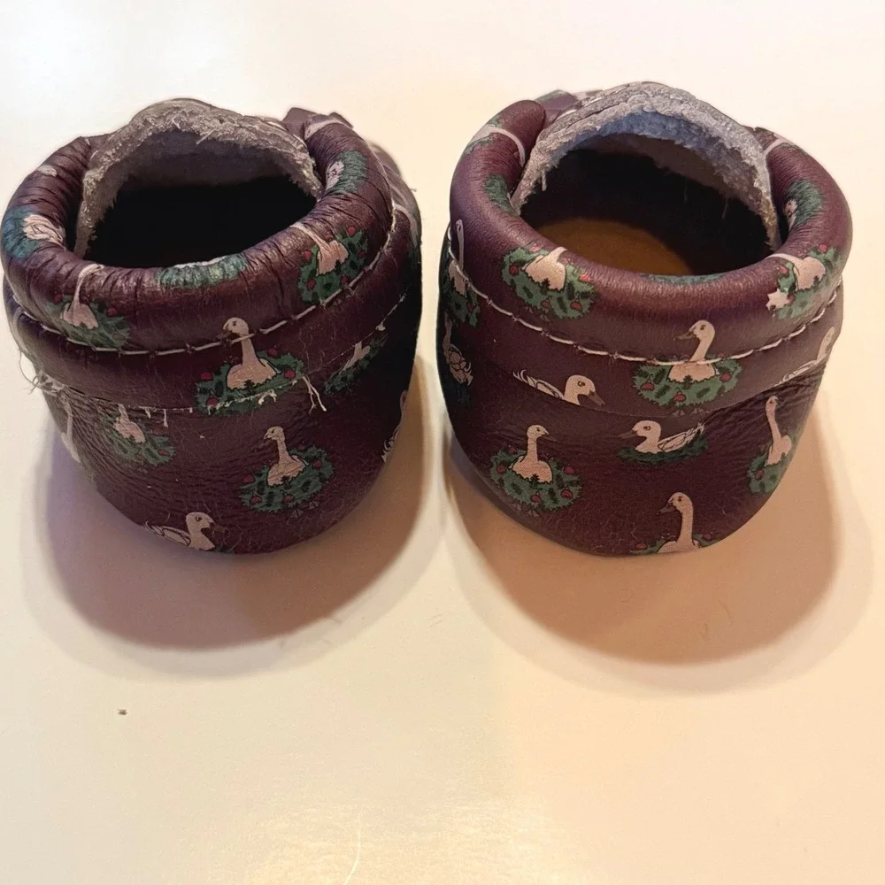 Freshly Picked Leather Goose Print Baby Moccasins 1 Burgundy Whimsical Heirloom